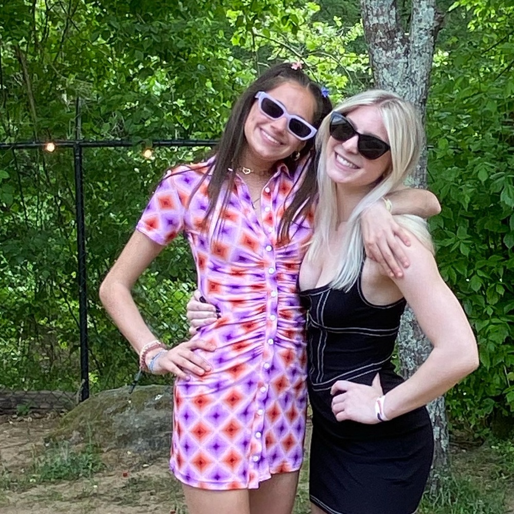 Purple and orange patterned button up dress